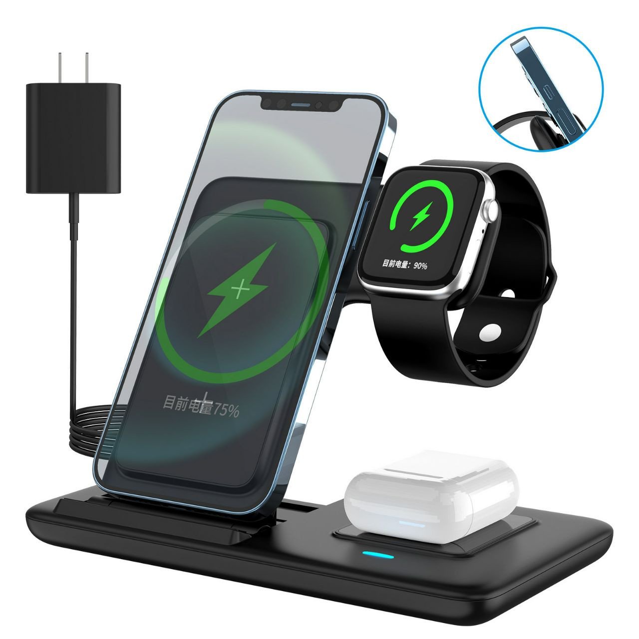 Chargeur sans fil pliable trois-en-un Z11 Charge rapide sans fil 20 W adapté aux téléphones mobiles, montres et écouteurs Apple Android Station de charge sans fil  est une station de charge rapide 3-e