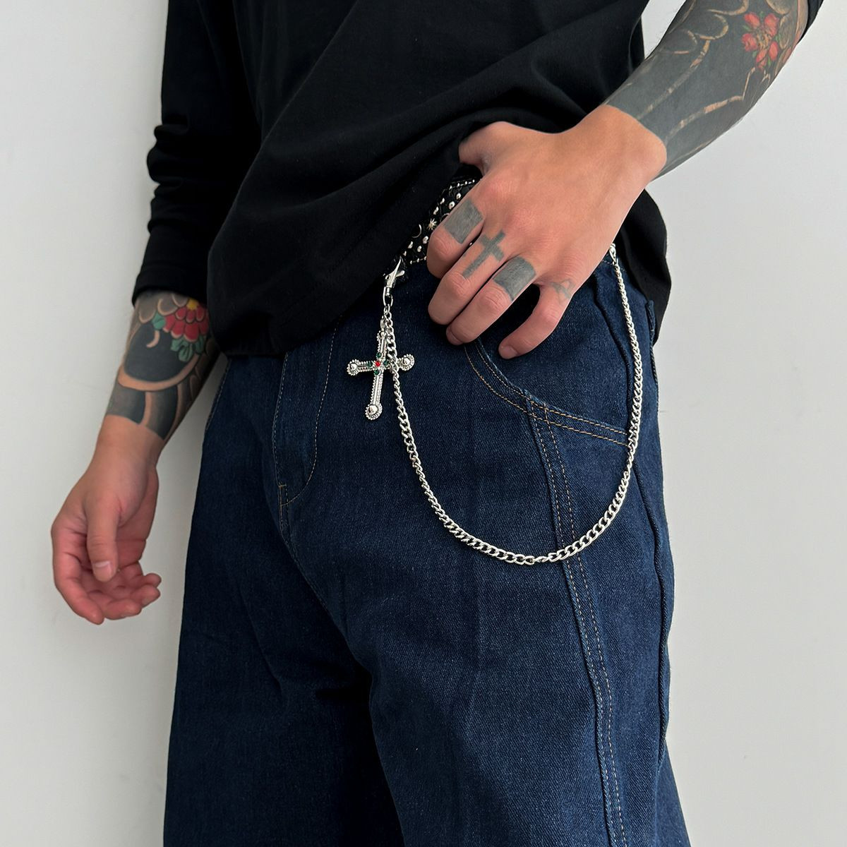 Chaîne de pantalon à pendentif grande croix exagérée européenne et américaine, chaîne suspendue pour jeans pour garçons haut de gamme, chaîne de taille simple transfrontalière pour hommes