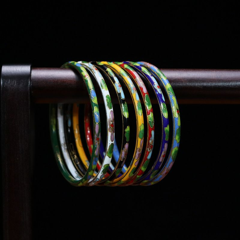 Lot de 7 Bracelets floraux fins chinois cloisonnés, bijoux de style ethnique en émail fait à la main, manchette creuse
