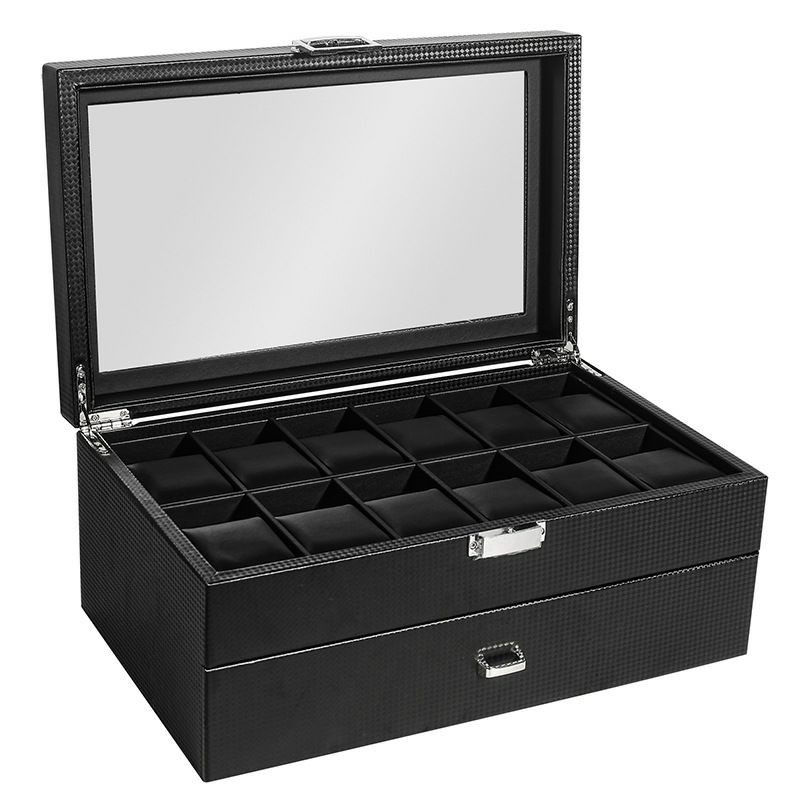 Double couche pu 24 bits boîte de rangement de montre boîte à bijoux en fibre de carbone boîte d'affichage de bracelet boîte-cadeau bracelet