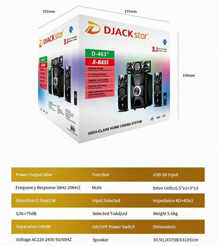 Haut-parleur combo karaoké  X-BASS avec USB haute puissance Bluetooth  avec système de haut-parleurs multimédia 3.1 DJACK star D-403+ X-BASS.
