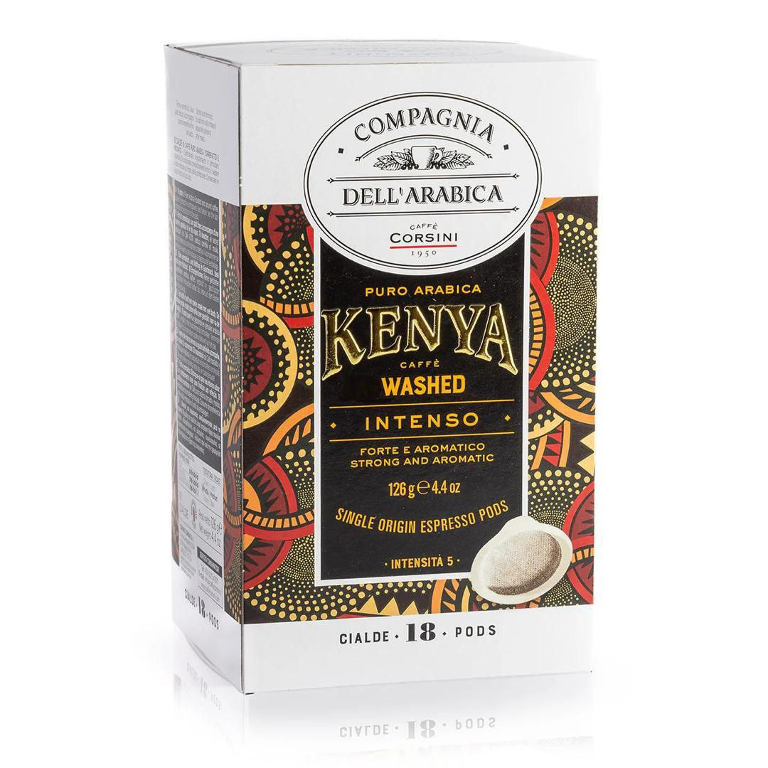 Une boîte de 18 dosettes de café Pur Arabica Kenya lavées torréfiées et moulues.   Un café intense, fort et aromatique. Son goût prononcé accompagne agréablement la fin d'un repas.